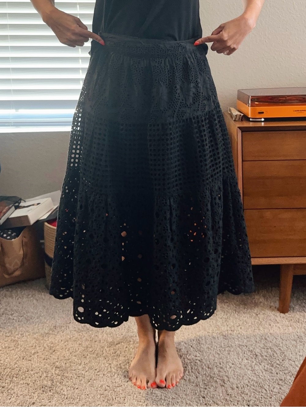 AllSaints Black Eyelet Tiered A-Line Skirt - Picture 6 of 6